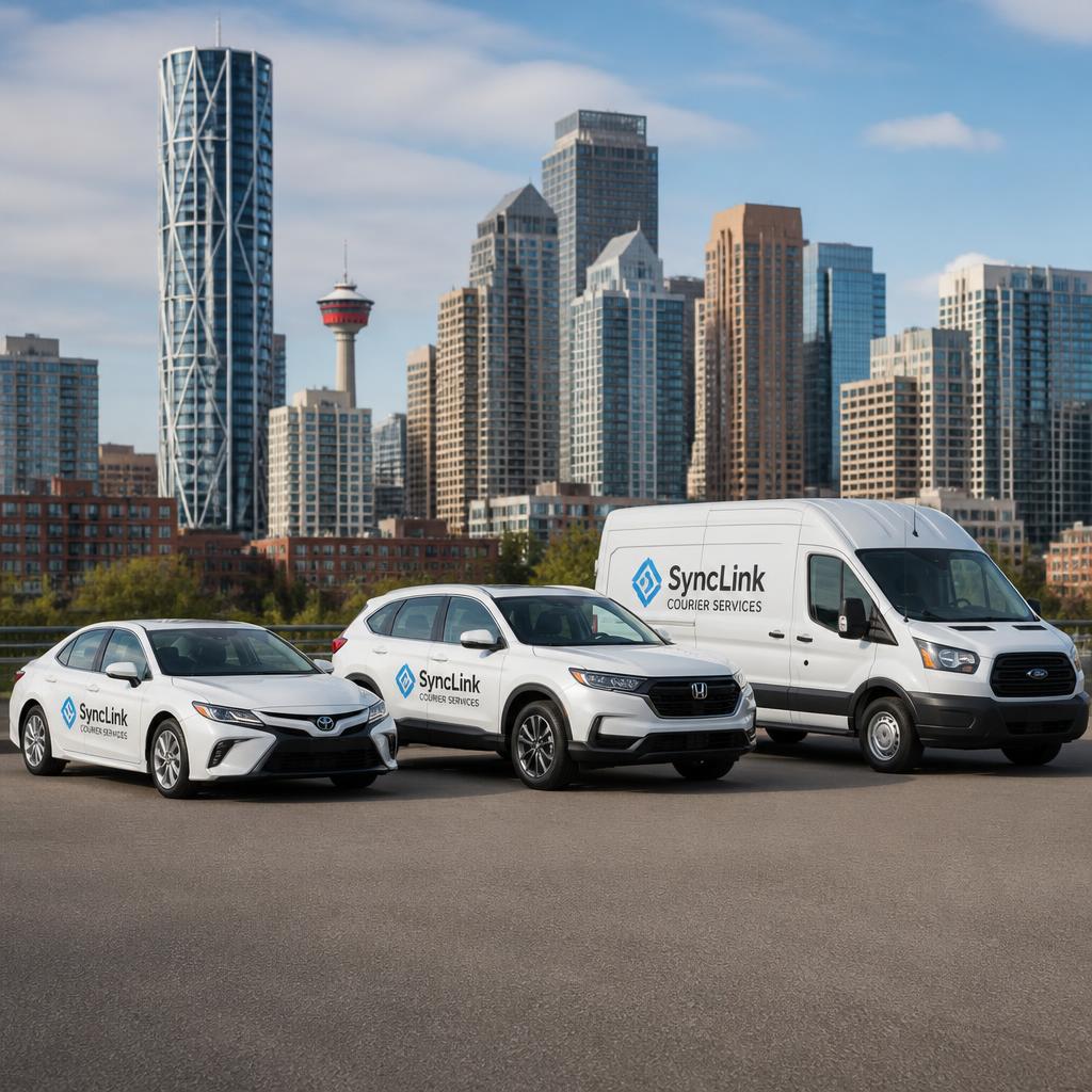 SyncLink branded white fleet with Calgary skyline