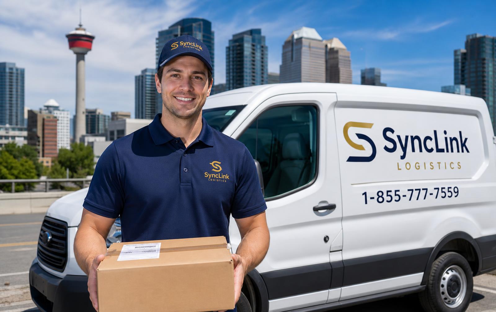 Friendly SyncLink courier handing package to customer